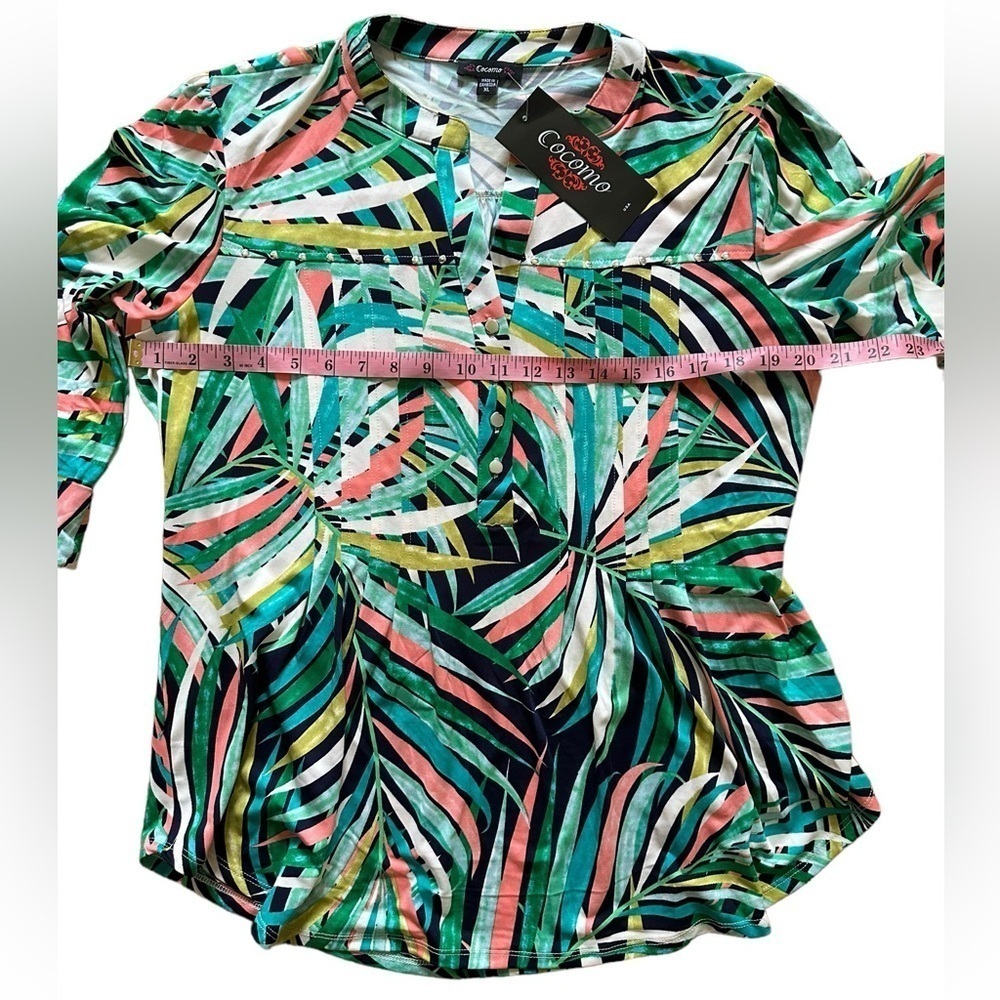 COCOMO XL Green Multicolored 3/4 sleeve Studded women’s Pintuck Blouse t… - Picture 10 of 12